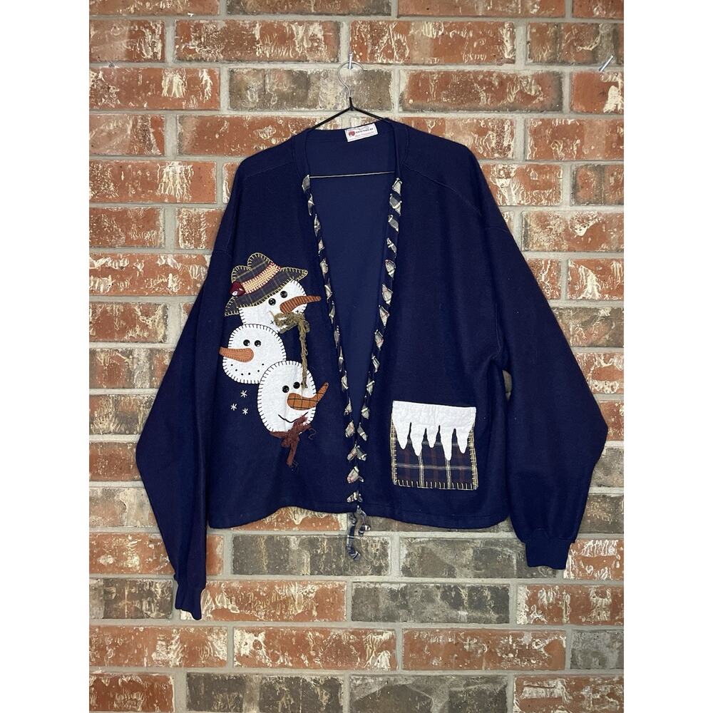 Handmade Christmas Cardigan Womens XL Navy Blue Snowmen Festive Holidays Cozy